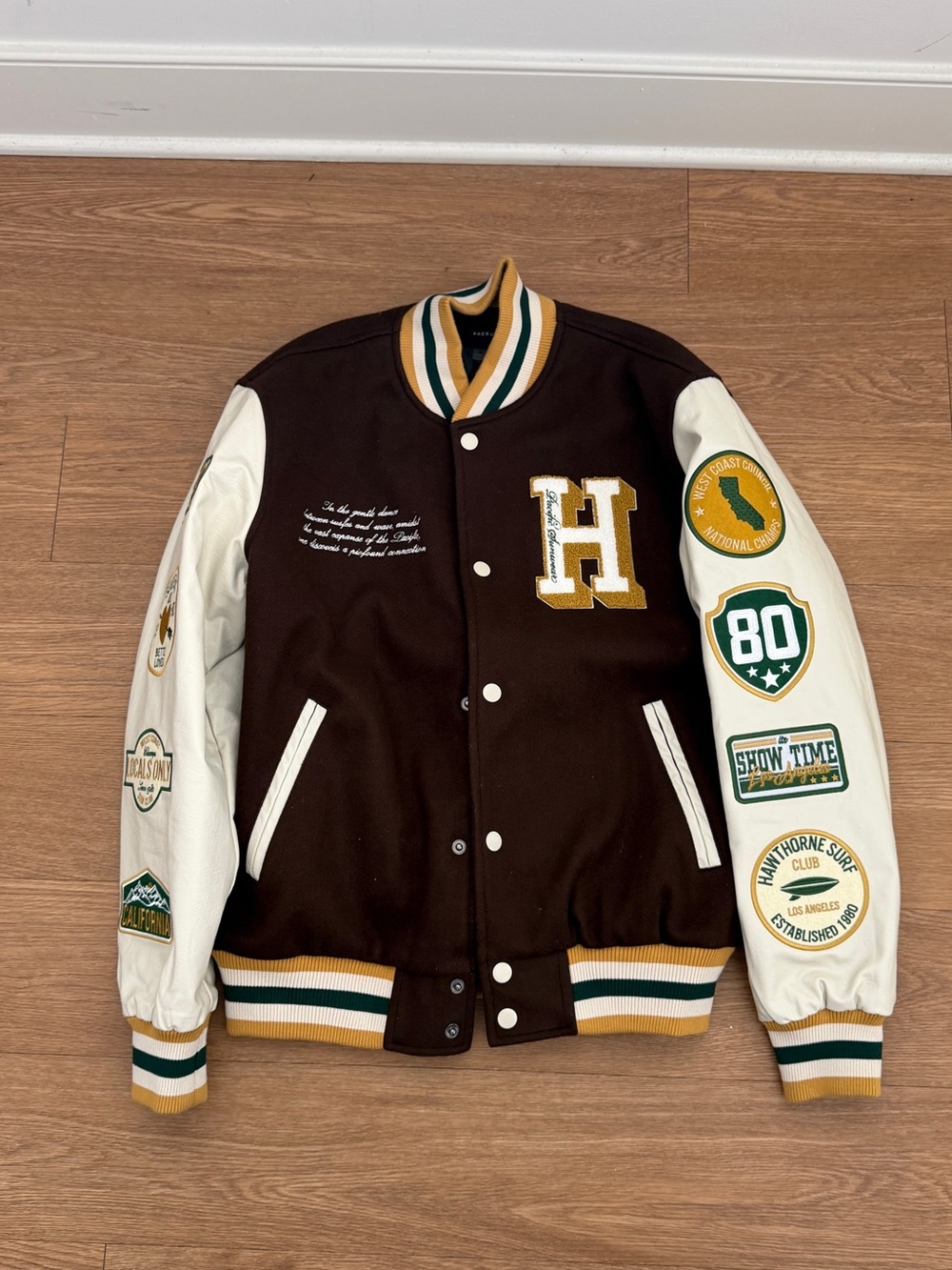 PacSun Brown & Cream Varsity Letterman Jacket with Green & Yellow Accents